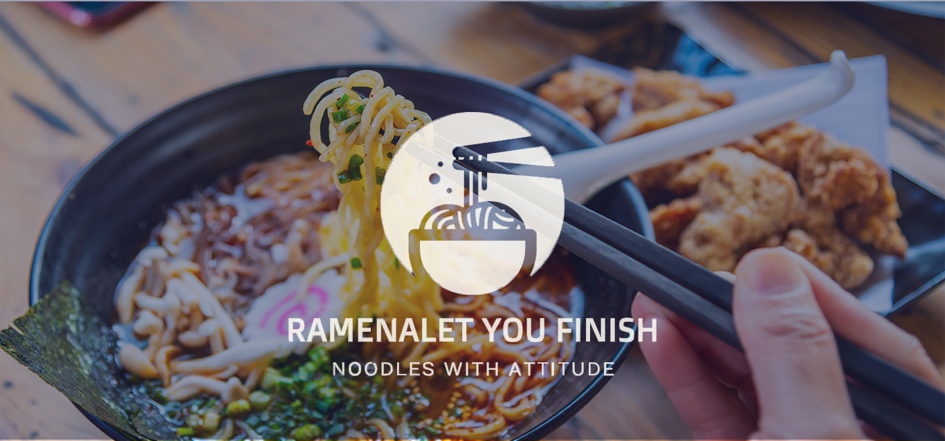 Ramenalet logo ontop of photo of Ramen